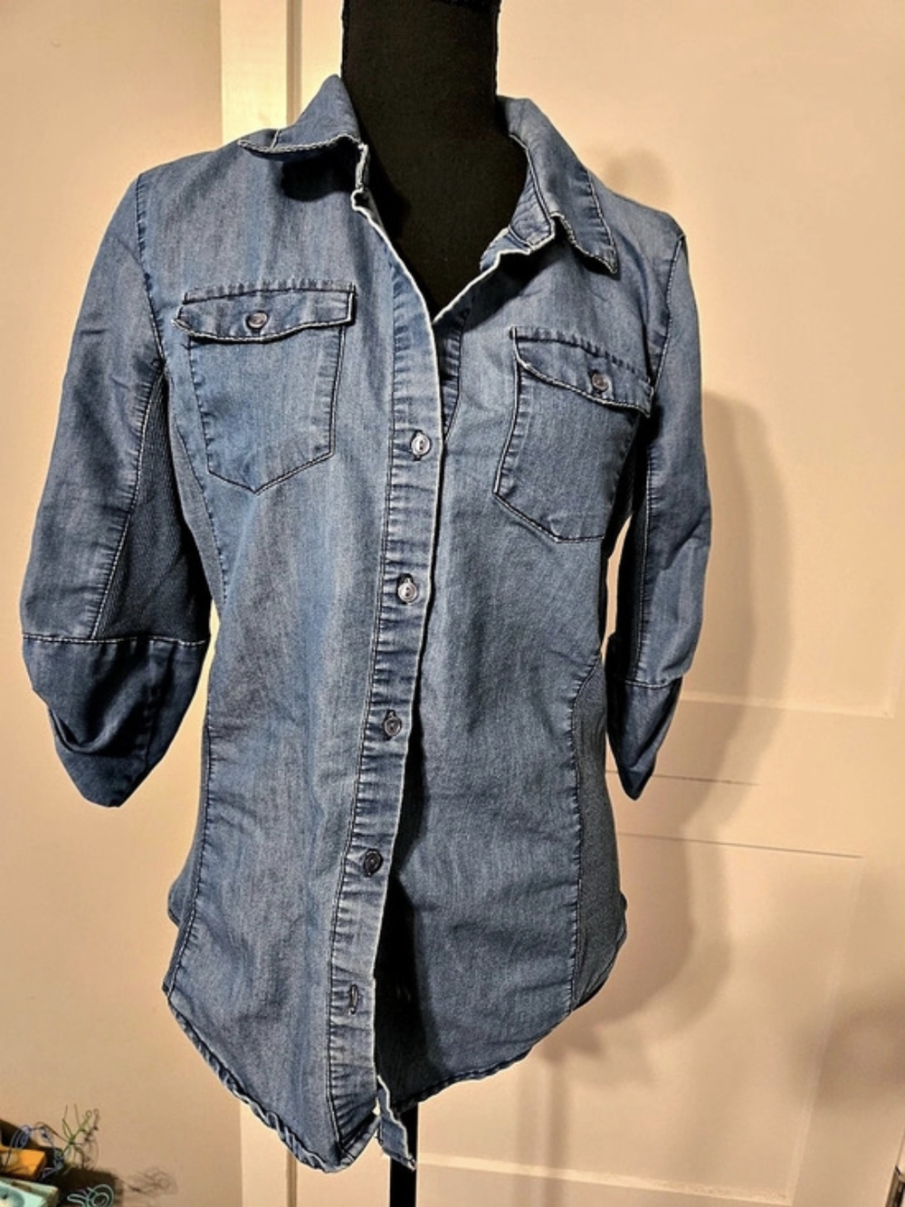 Cavalini Denim Collection Ribbed Panel 3/4 Sleeve Button Down Top M